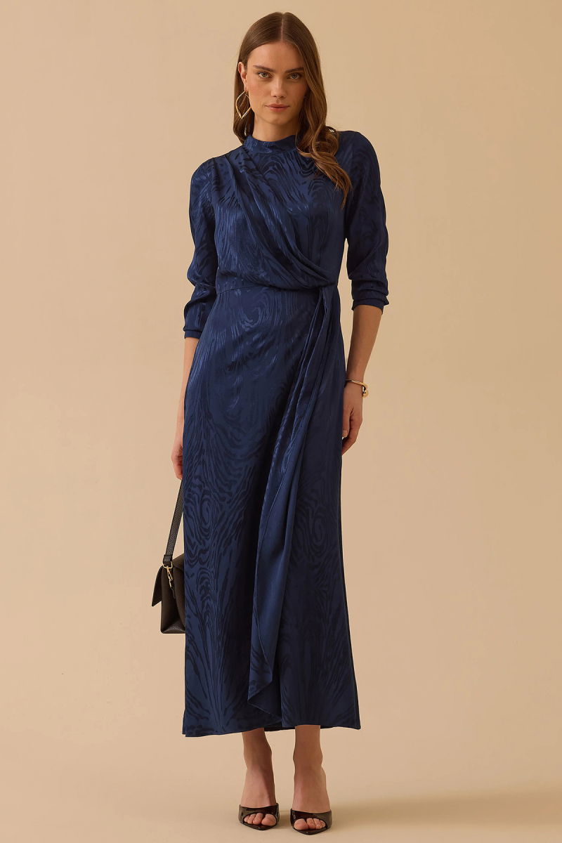 Seçil Kadın Desenli Parlak Dokulu Uzun Elbise 1016 Lacivert - Seçil