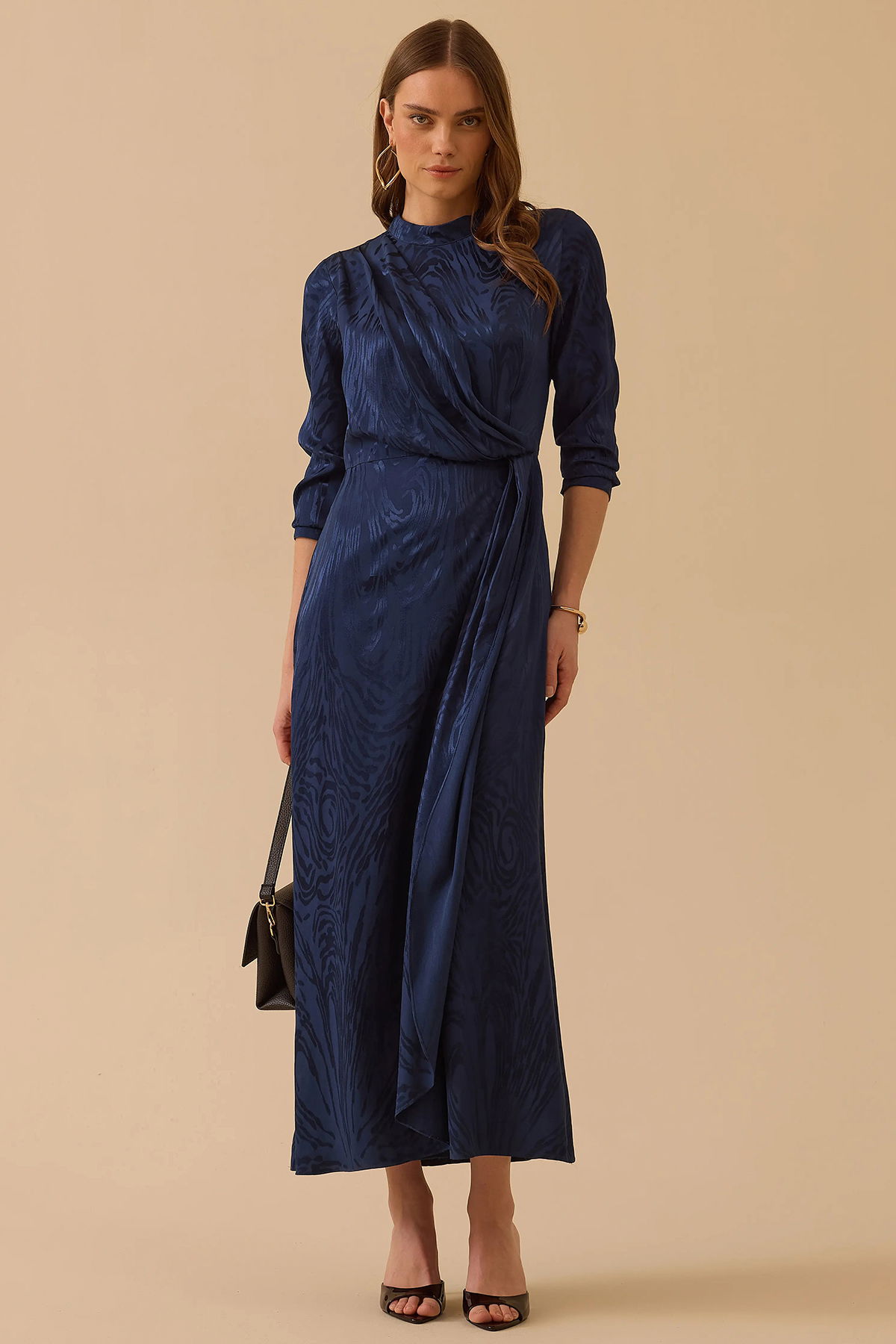 Seçil Kadın Desenli Parlak Dokulu Uzun Elbise 1016 Lacivert - 1