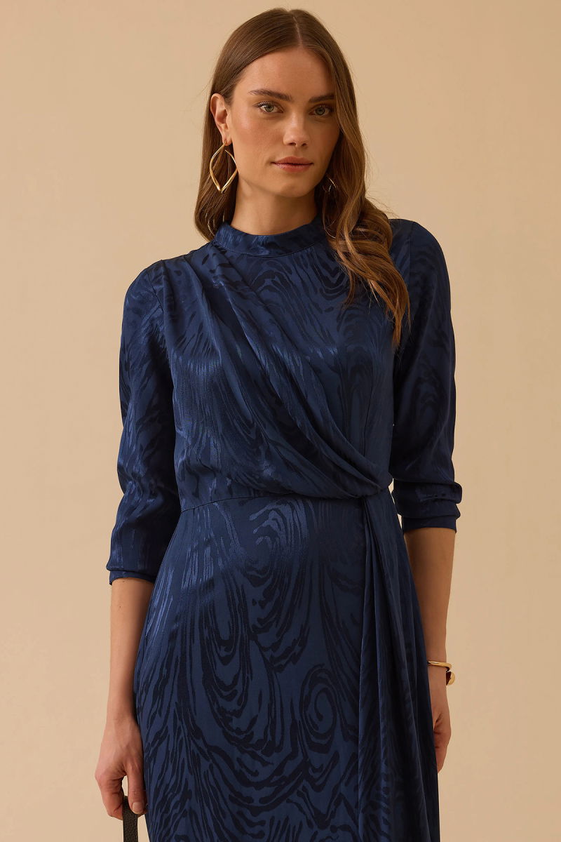Seçil Kadın Desenli Parlak Dokulu Uzun Elbise 1016 Lacivert - 2