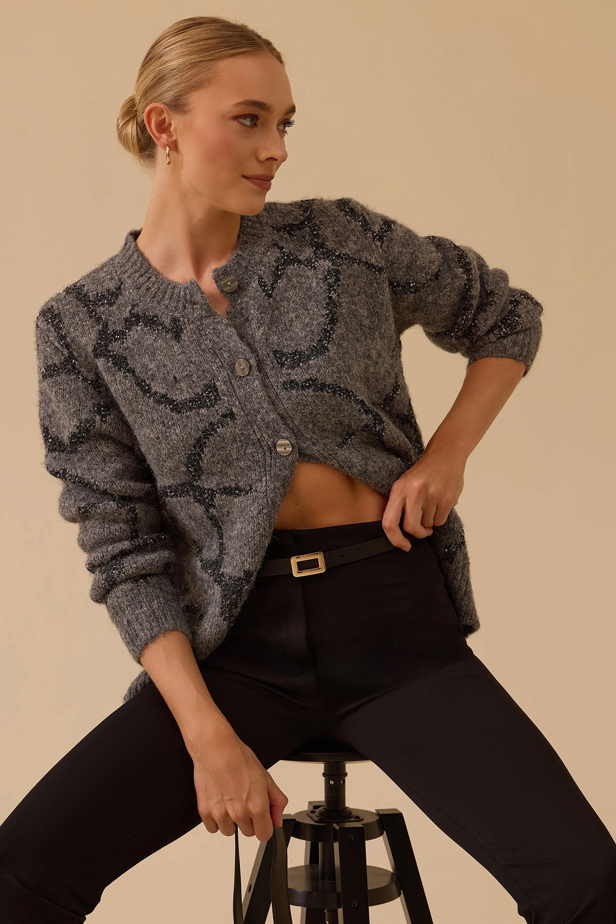 Seçil Kadın Desenli Triko Hırka 0045 Gri - 1