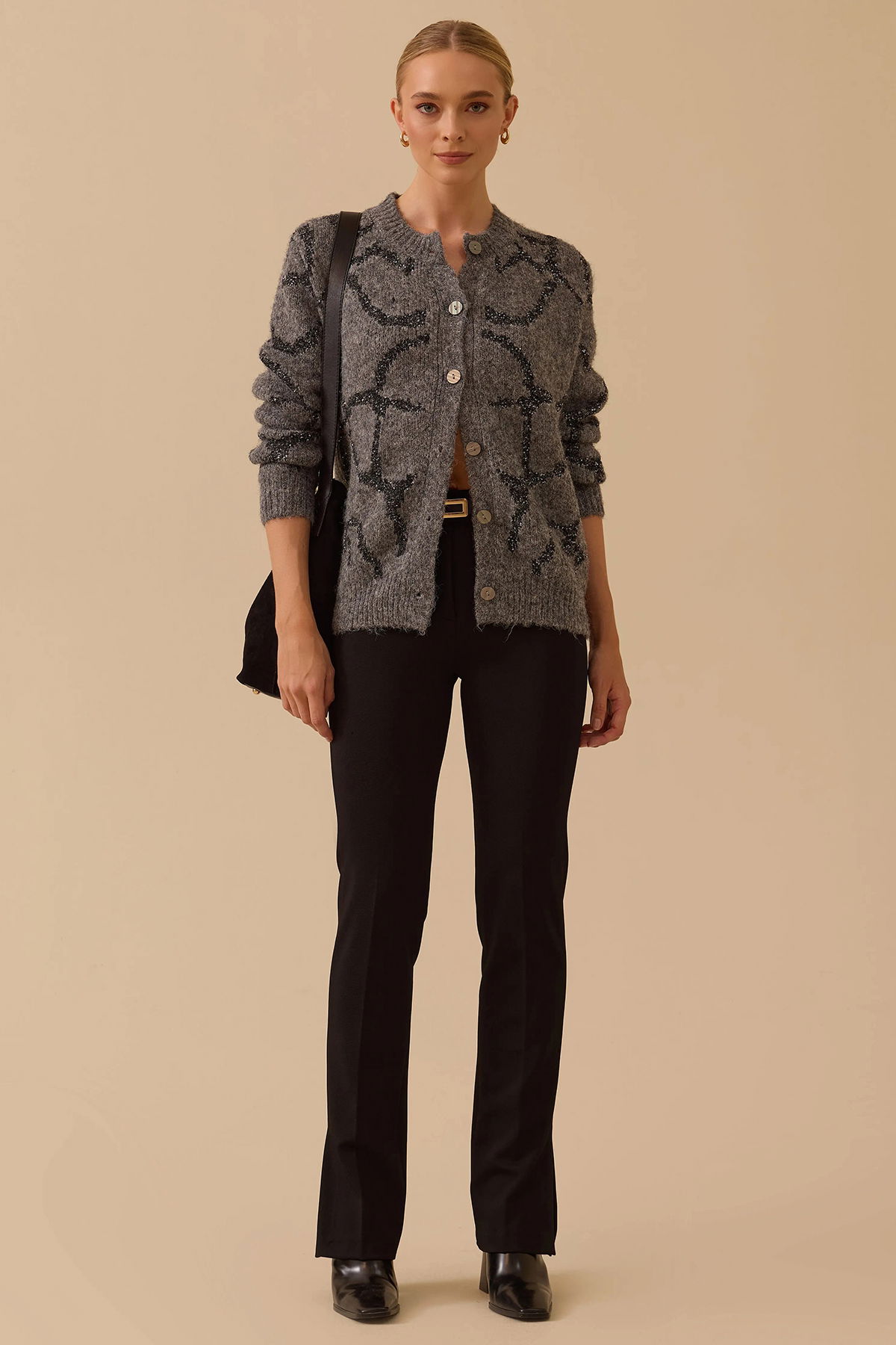 Seçil Kadın Desenli Triko Hırka 0045 Gri - 2