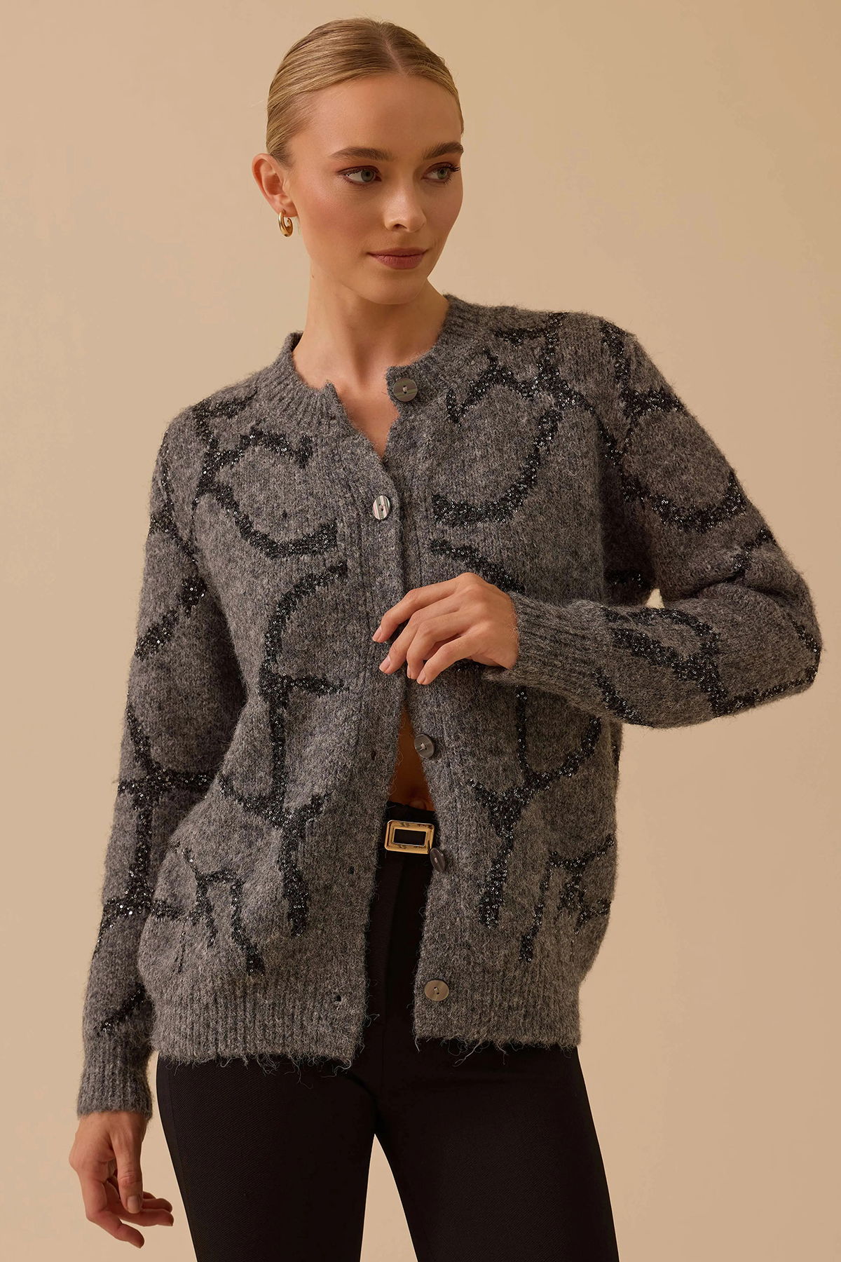 Seçil Kadın Desenli Triko Hırka 0045 Gri - 3