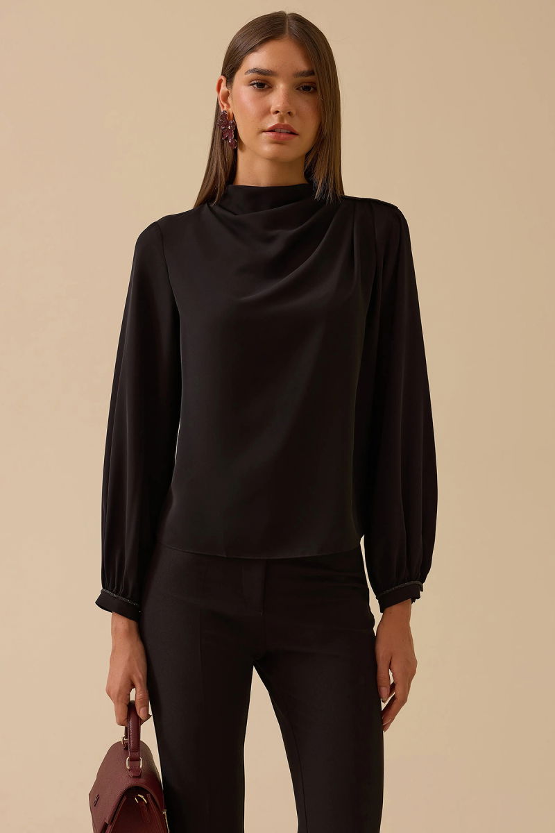 Seçil Kadın Dik Yaka Drape Detaylı Bluz 0004 Siyah - Seçil