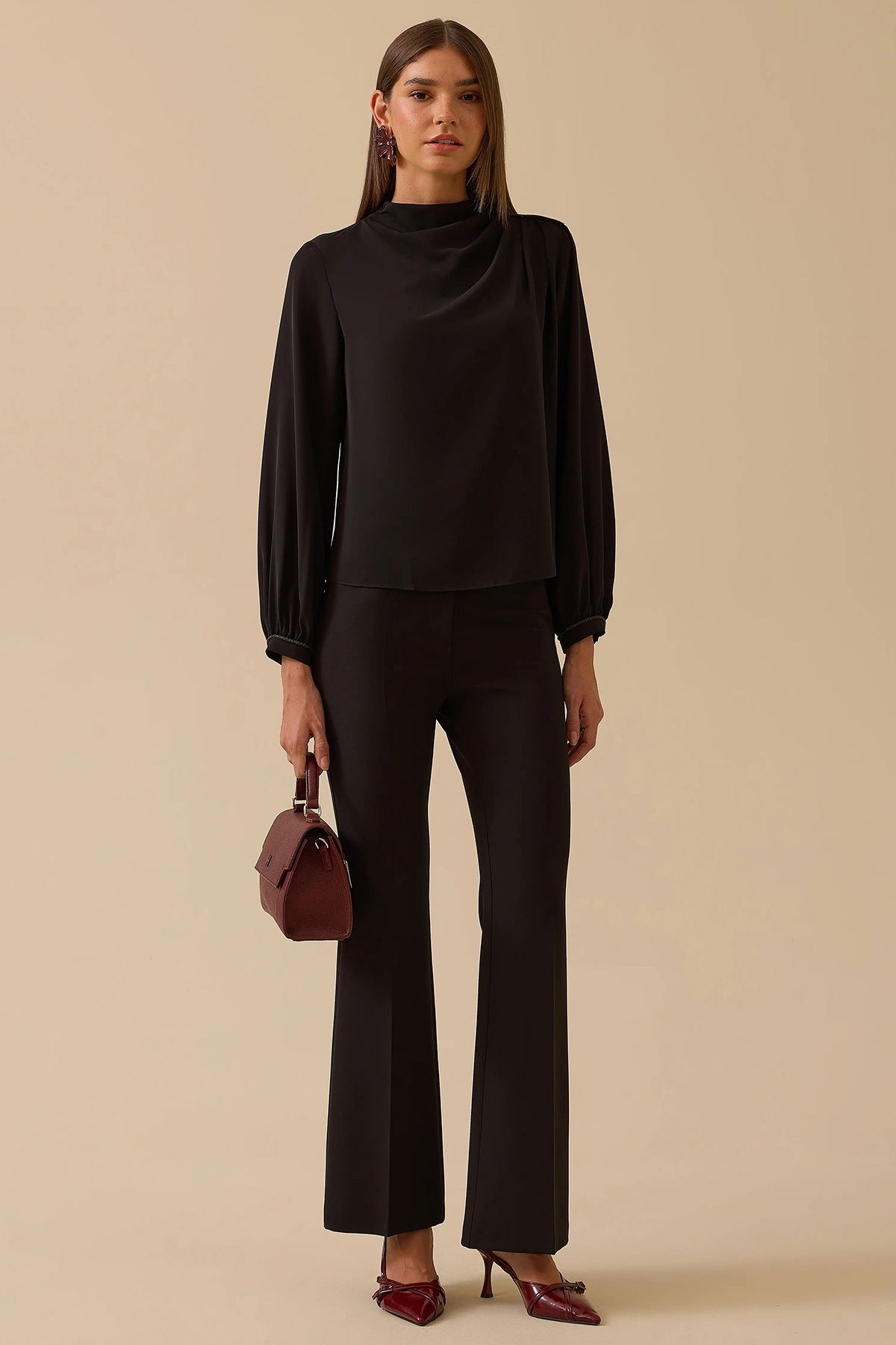 Seçil Kadın Dik Yaka Drape Detaylı Bluz 0004 Siyah - 2