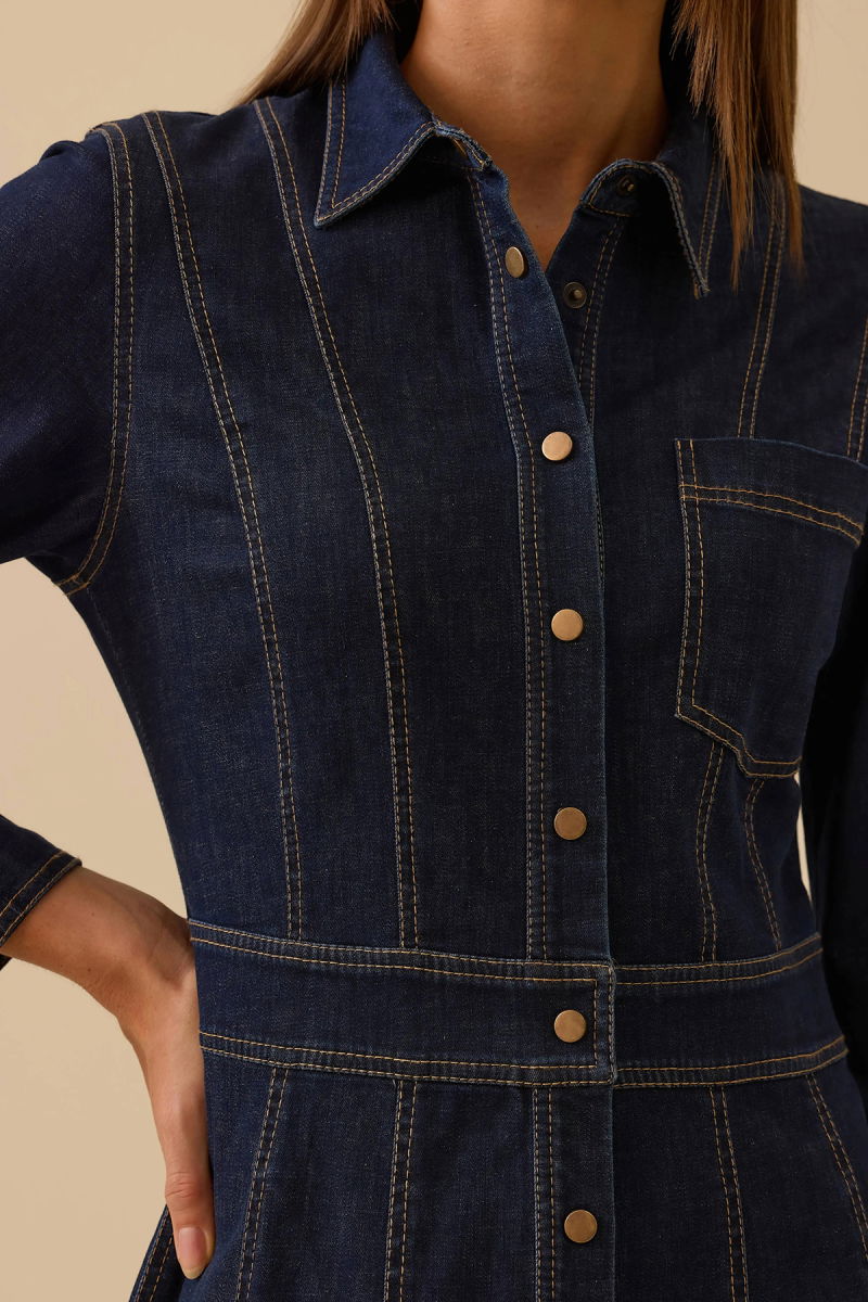 Seçil Kadın Dikiş Detaylı Düğmeli Jean Elbise 0003 Lacivert - 3