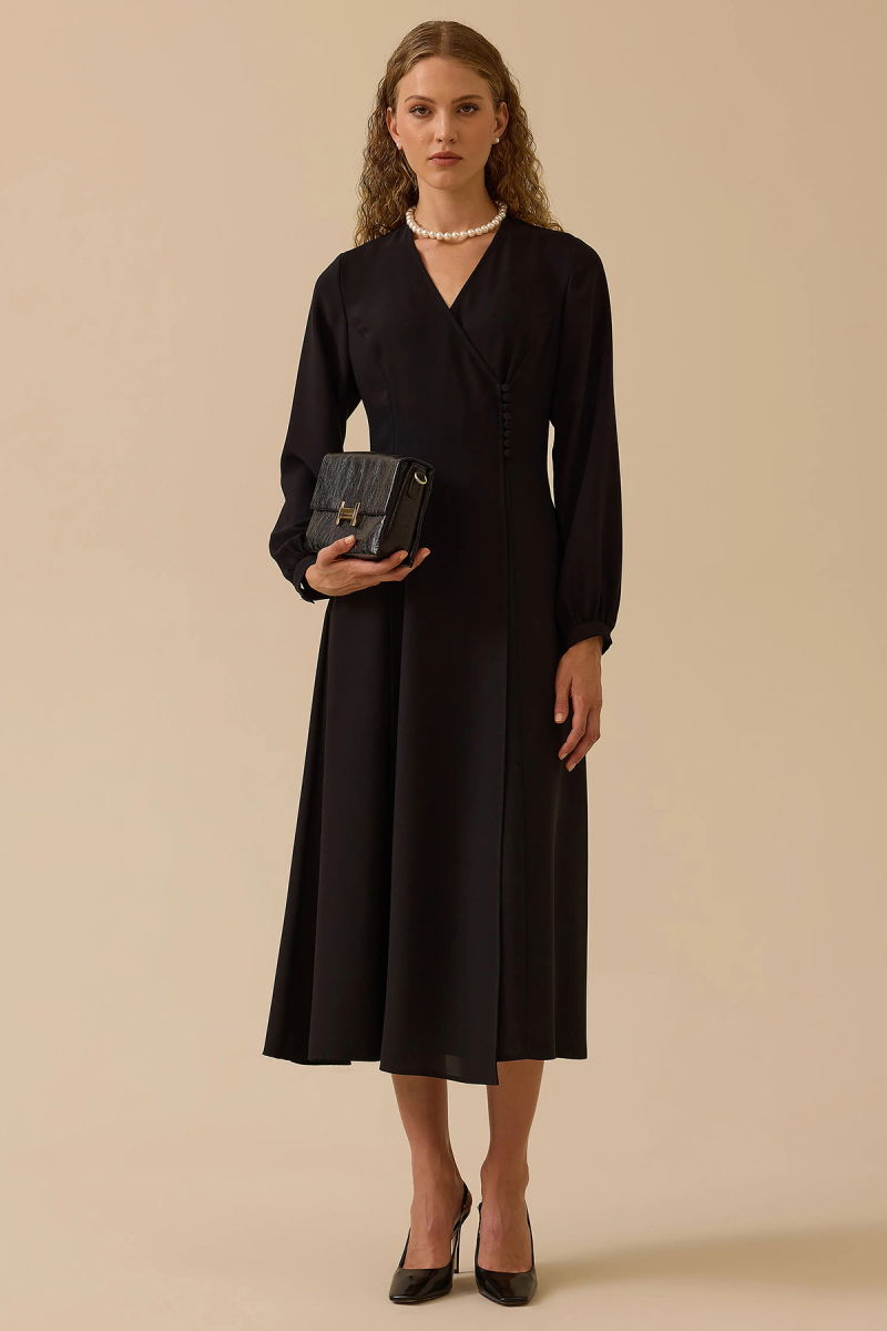 Seçil Kadın Düğme Detaylı Kruvaze Elbise 0005 Siyah - Seçil