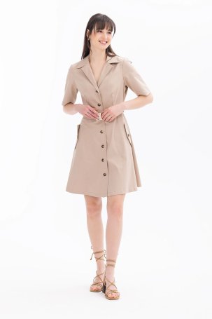 Seçil Kadın Düğmeli Kısa Kol Pamuklu Elbise 0022 Bej - 2