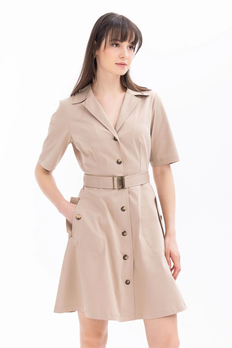 Seçil Kadın Düğmeli Kısa Kol Pamuklu Elbise 0022 Bej - 3
