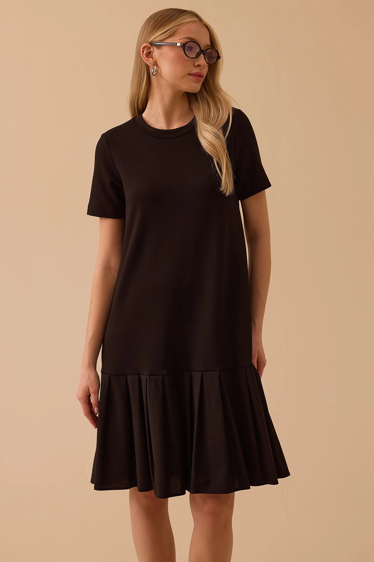 Seçil Kadın Fırfır Detaylı Kısa Kollu Penye Elbise 0024 Siyah - 2