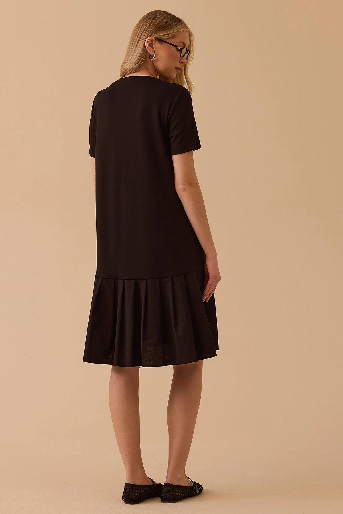 Seçil Kadın Fırfır Detaylı Kısa Kollu Penye Elbise 0024 Siyah - 4