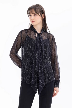 Seçil Kadın Fular Yakalı Desenli Şifon Bluz 1007 Siyah - 2