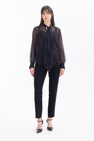 Seçil Kadın Fular Yakalı Desenli Şifon Bluz 1007 Siyah - 3