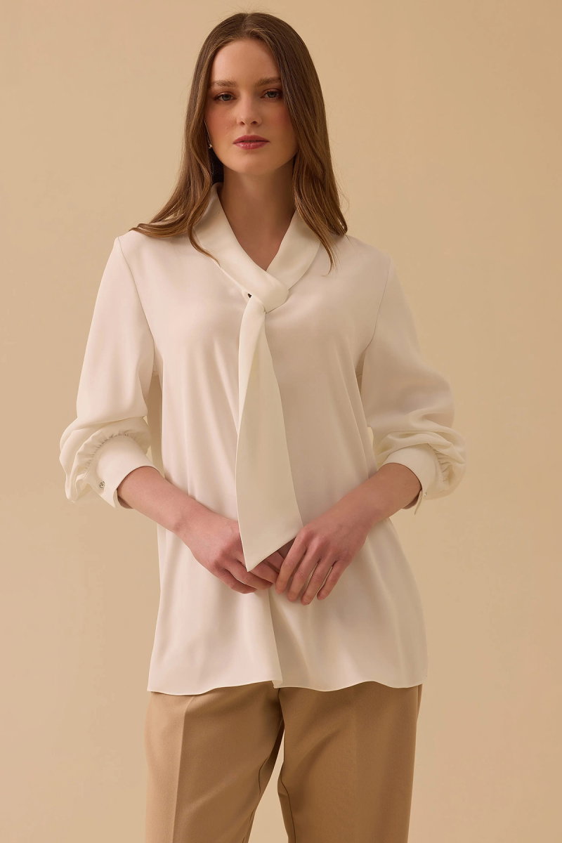 Seçil Kadın Fular Yakalı Krep Bluz 0015 Ekru - Seçil