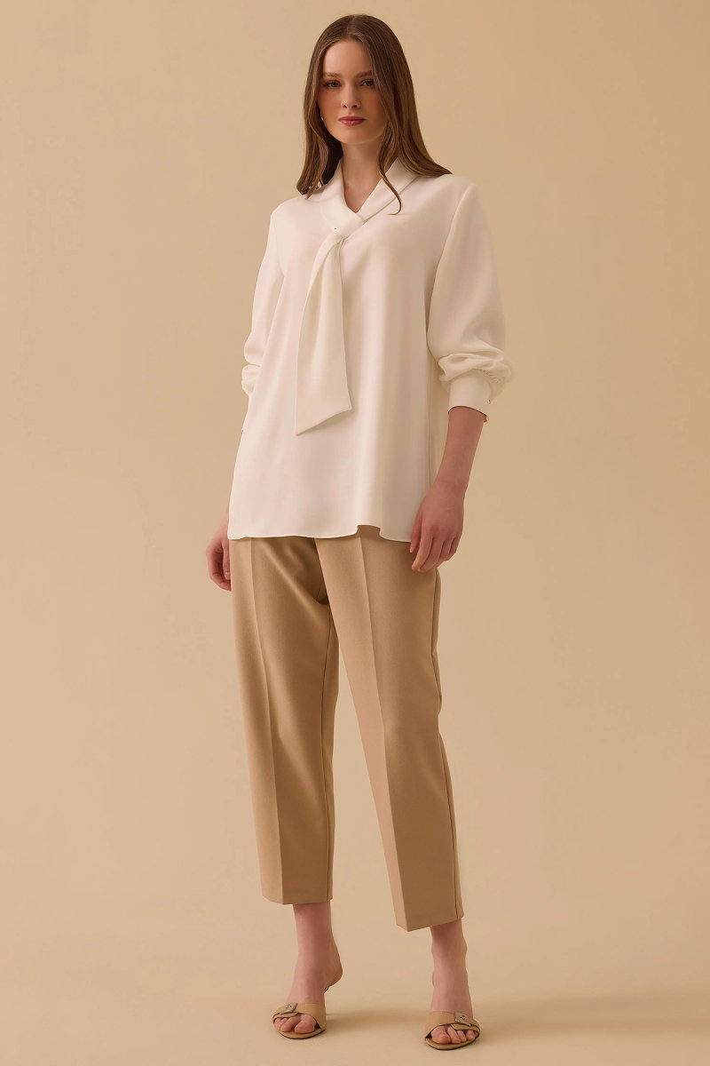 Seçil Kadın Fular Yakalı Krep Bluz 0015 Ekru - 2