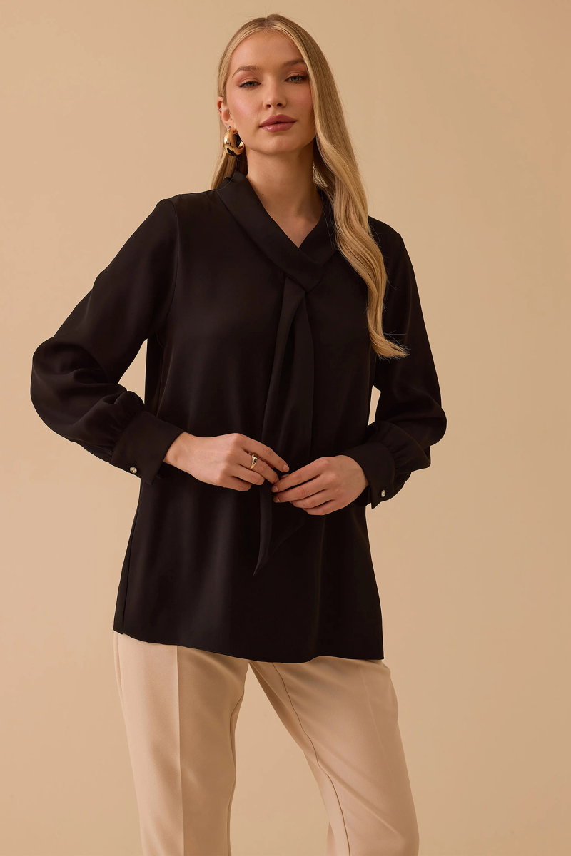 Seçil Kadın Fular Yakalı Krep Bluz 0015 Siyah - Seçil