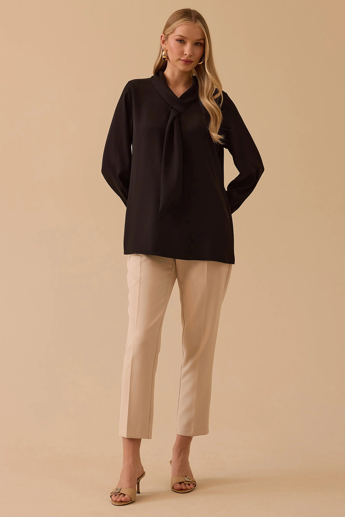 Seçil Kadın Fular Yakalı Krep Bluz 0015 Siyah - 2