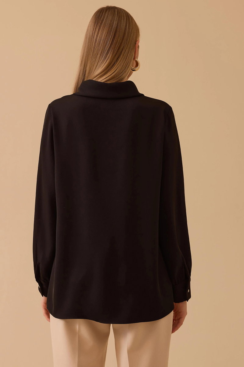 Seçil Kadın Fular Yakalı Krep Bluz 0015 Siyah - 4