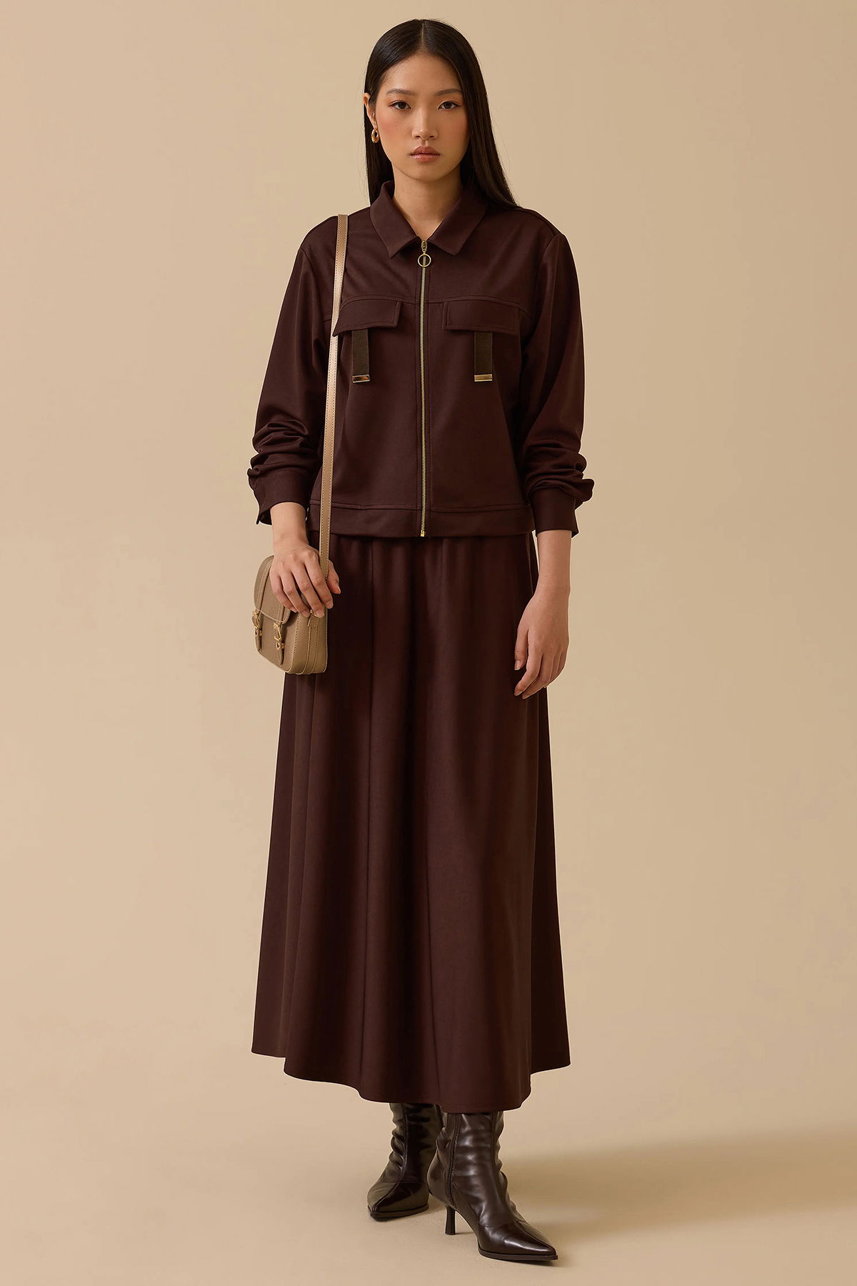 Seçil Kadın Göğüs Kuplu Fermuarlı Ceket 1017 Kahverengi - 1