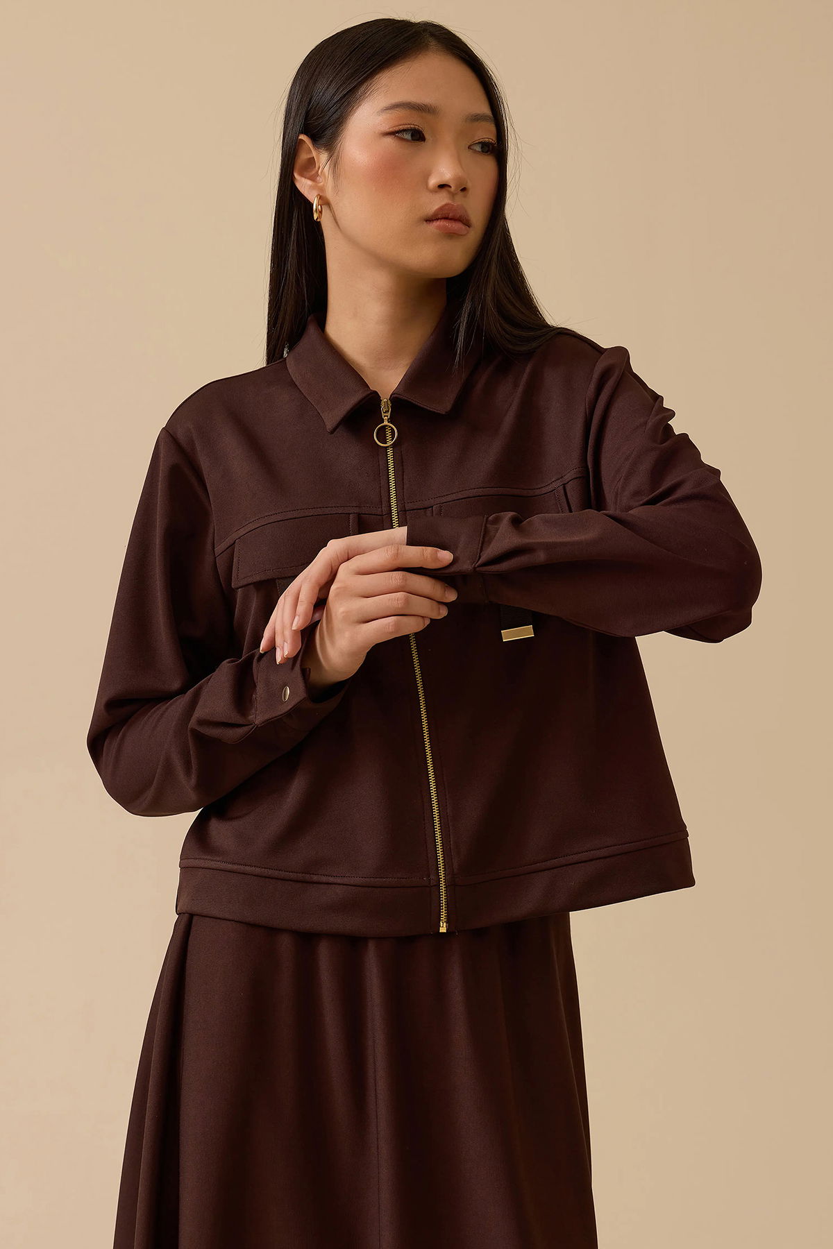 Seçil Kadın Göğüs Kuplu Fermuarlı Ceket 1017 Kahverengi - 2