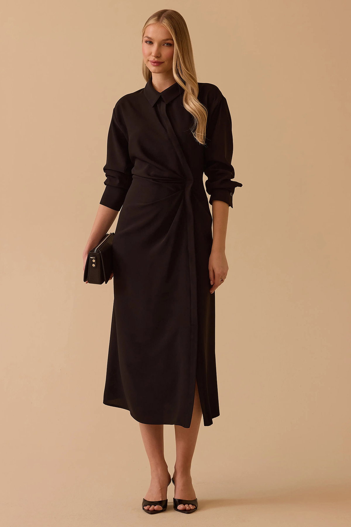 Seçil Kadın Gömlek Yaka Drapeli Elbise 0015 Siyah - 1