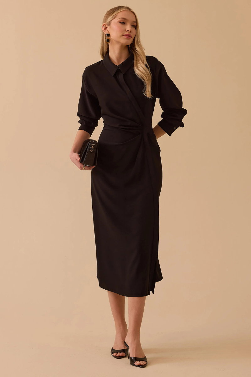Seçil Kadın Gömlek Yaka Drapeli Elbise 0015 Siyah - 2