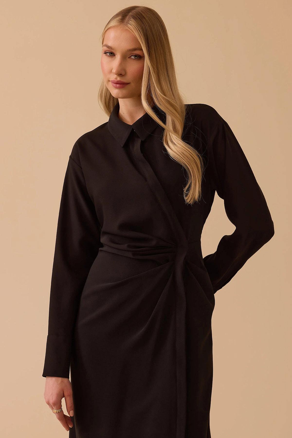 Seçil Kadın Gömlek Yaka Drapeli Elbise 0015 Siyah - 3