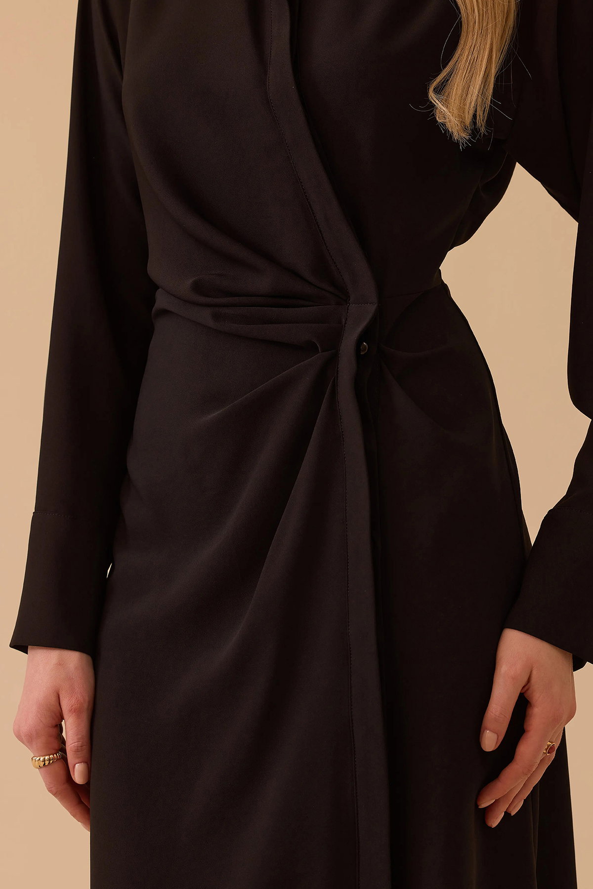 Seçil Kadın Gömlek Yaka Drapeli Elbise 0015 Siyah - 4