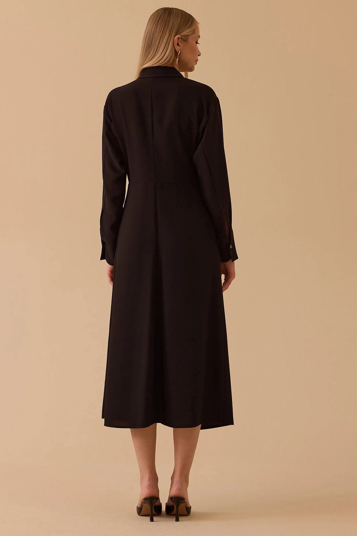 Seçil Kadın Gömlek Yaka Drapeli Elbise 0015 Siyah - 5