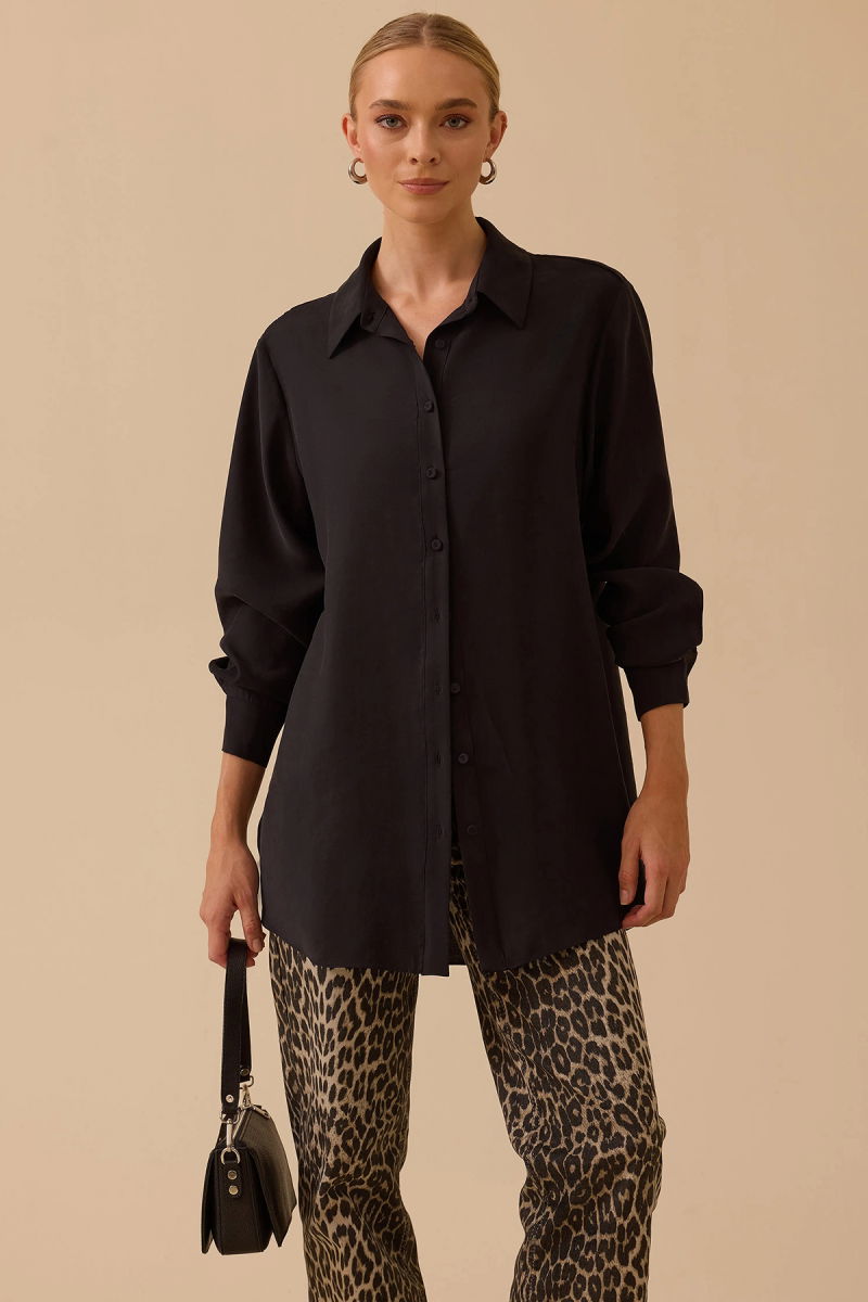 Seçil Kadın Gömlek Yaka Uzun Kollu Basic Tunik 1010 Siyah - Seçil