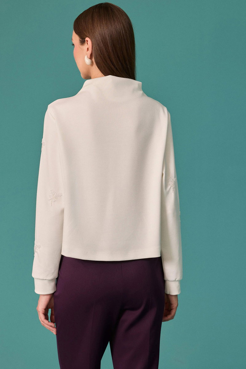 Seçil Kadın İnci Çiçek Detaylı Dik Yaka Sweatshirt Ekru - 3