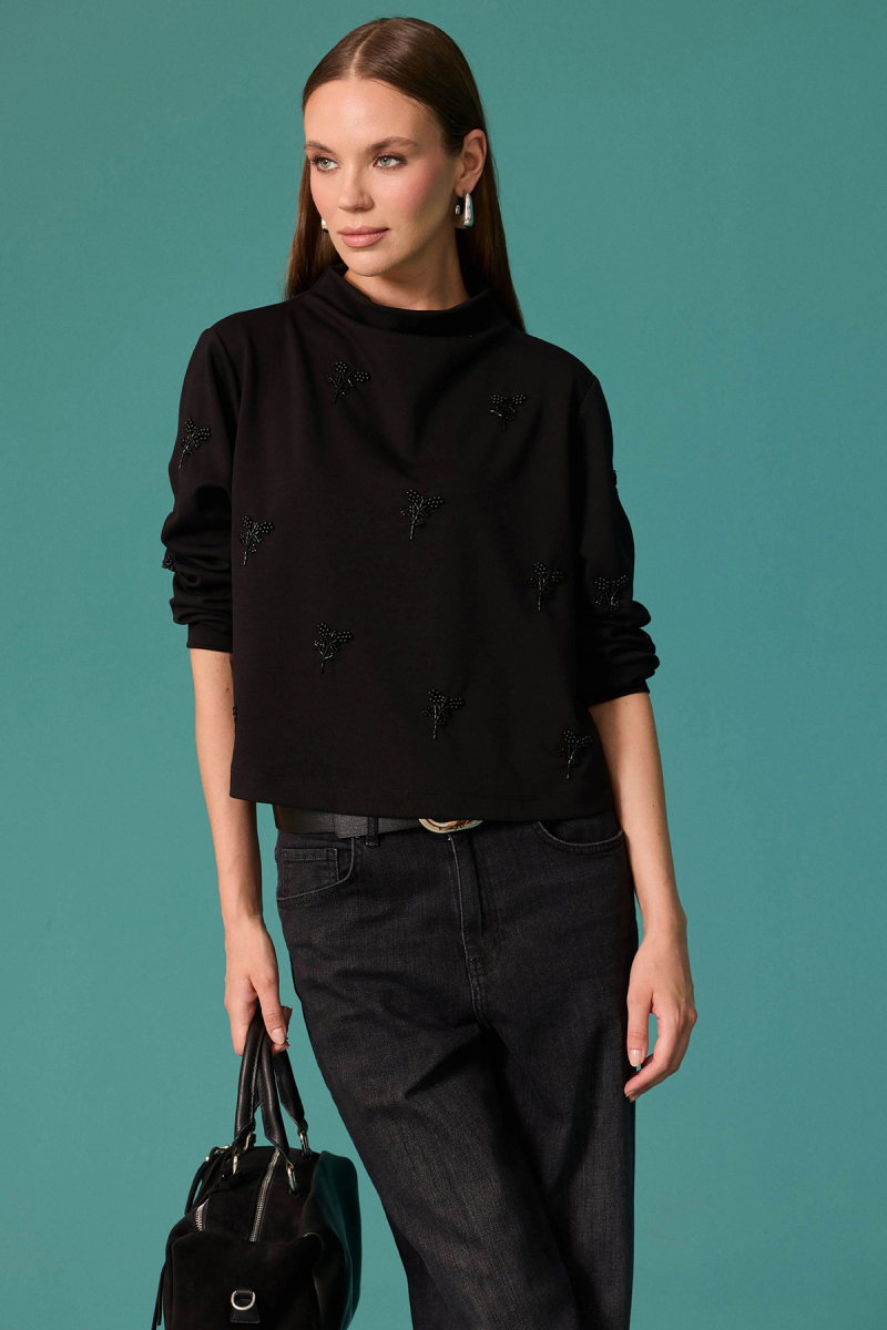 Seçil Kadın İnci Çiçek Detaylı Dik Yaka Sweatshirt Siyah - Seçil