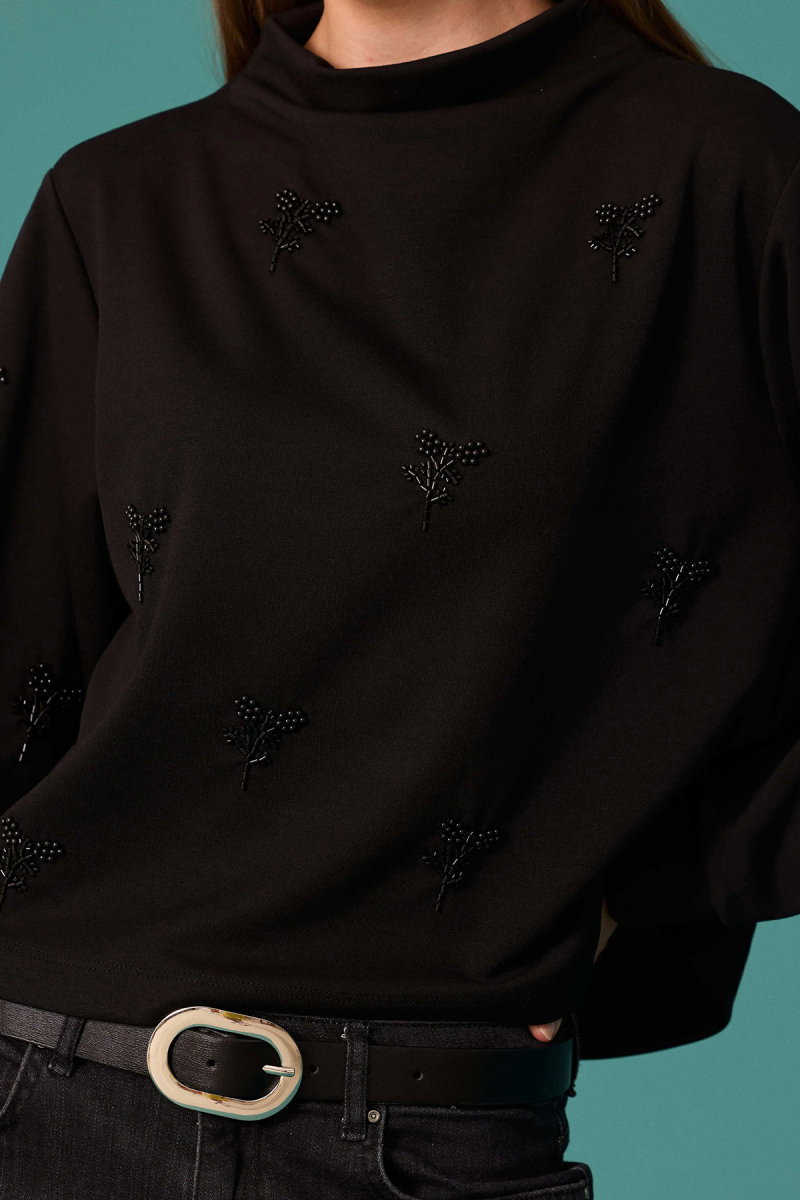 Seçil Kadın İnci Çiçek Detaylı Dik Yaka Sweatshirt Siyah - 3