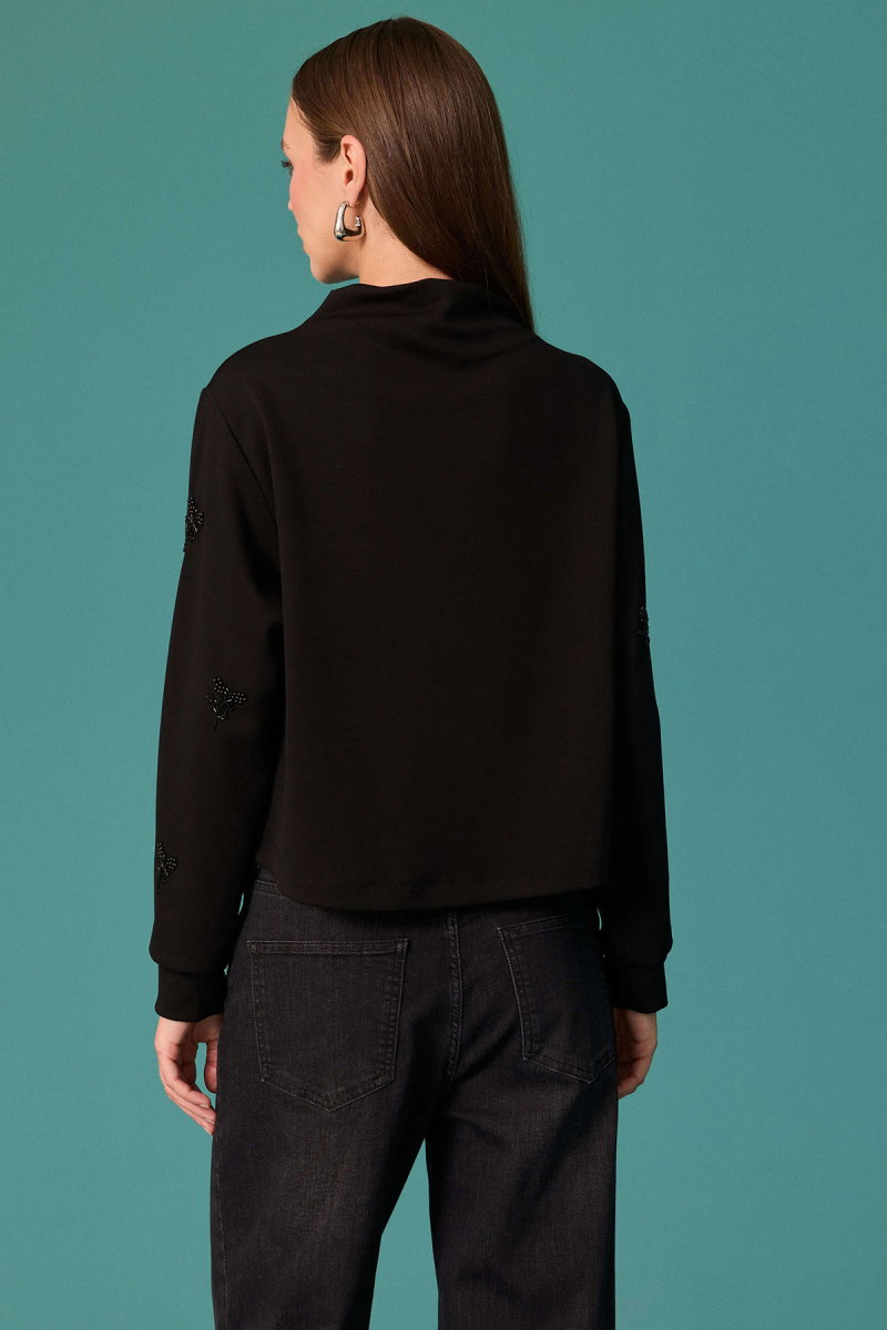 Seçil Kadın İnci Çiçek Detaylı Dik Yaka Sweatshirt Siyah - 4