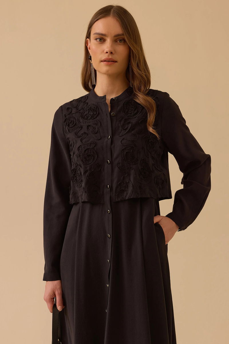 Seçil Kadın Katmanlı Nakış Detaylı Elbise 1009 Siyah - 2