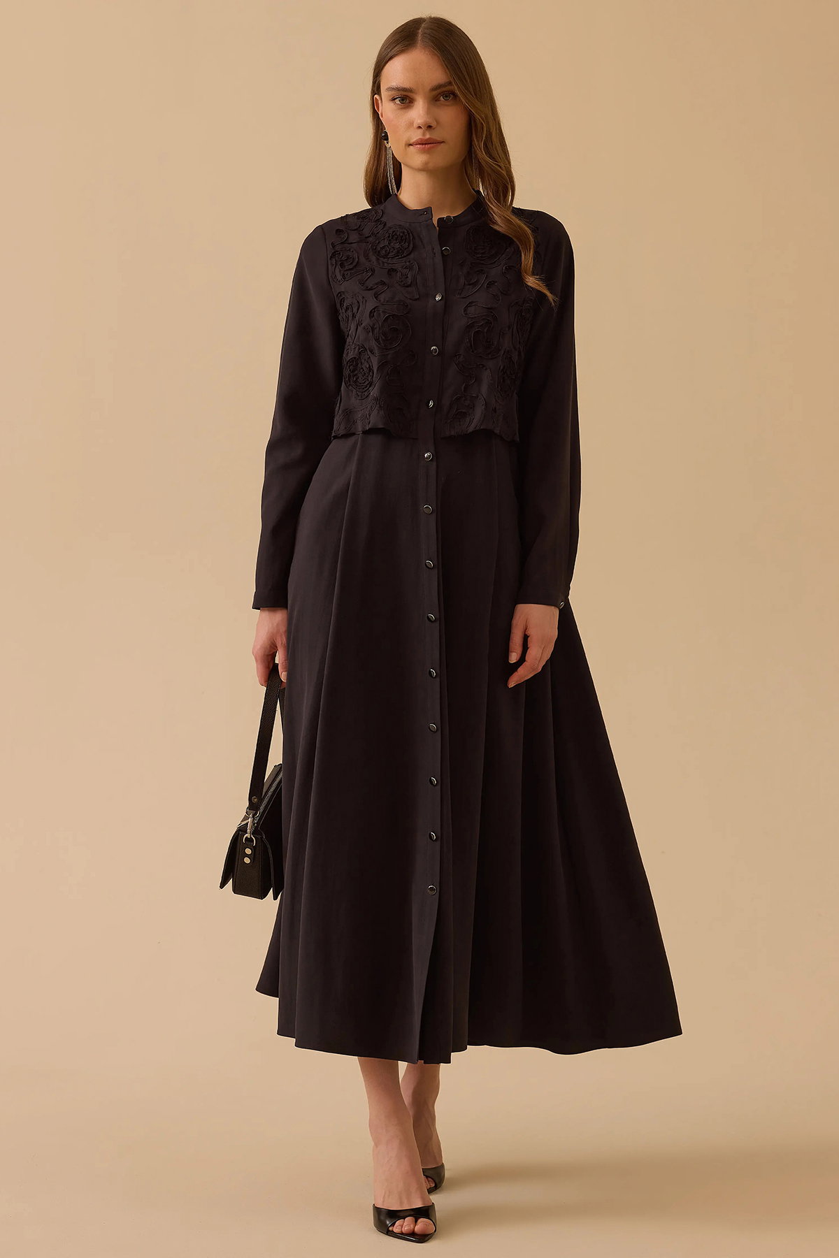 Seçil Kadın Katmanlı Nakış Detaylı Elbise 1009 Siyah - 3