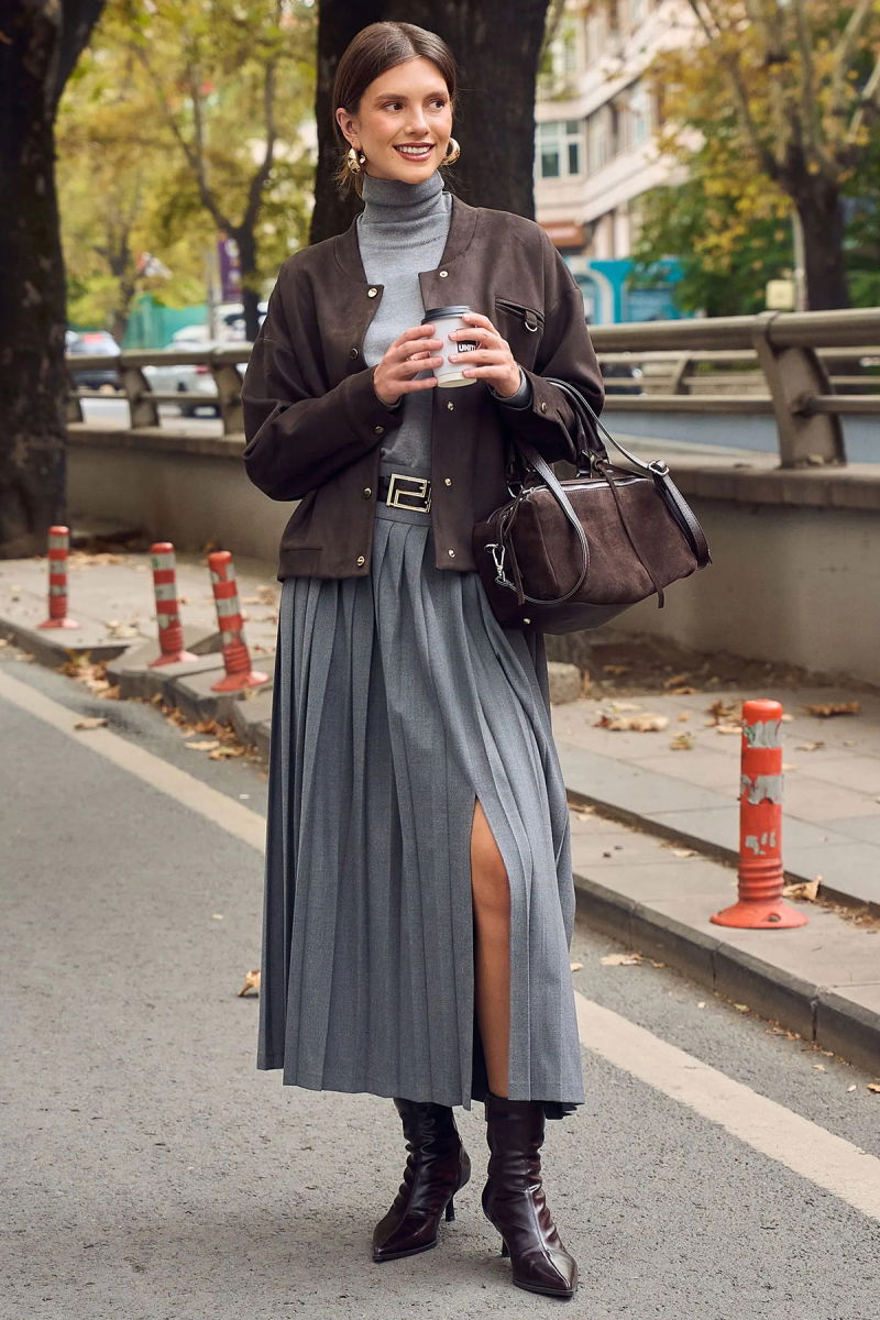 Seçil Kadın Kemer Detaylı Pileli Etek 0013 Gri - Seçil