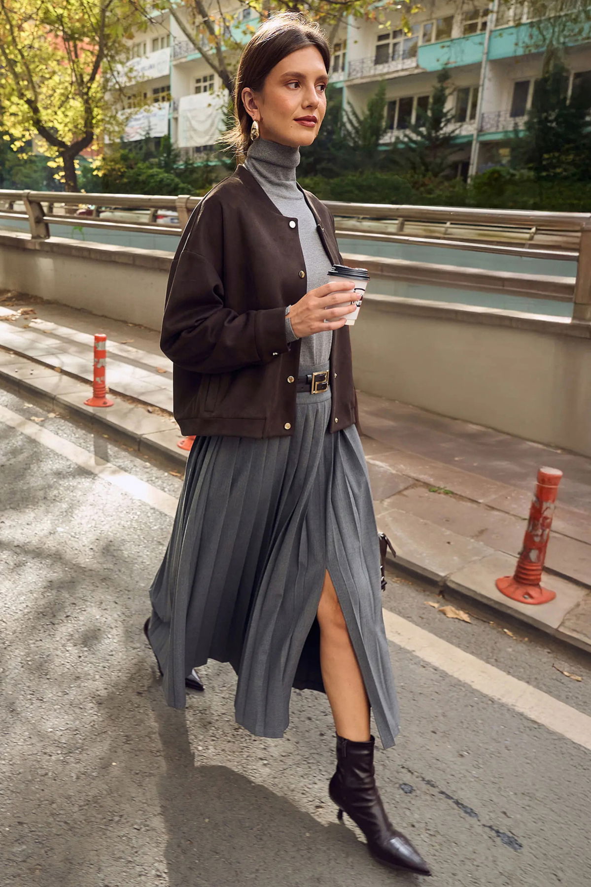 Seçil Kadın Kemer Detaylı Pileli Etek 0013 Gri - 2