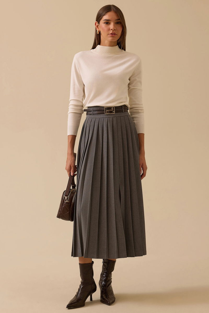 Seçil Kadın Kemer Detaylı Pileli Etek 0013 Gri - 3