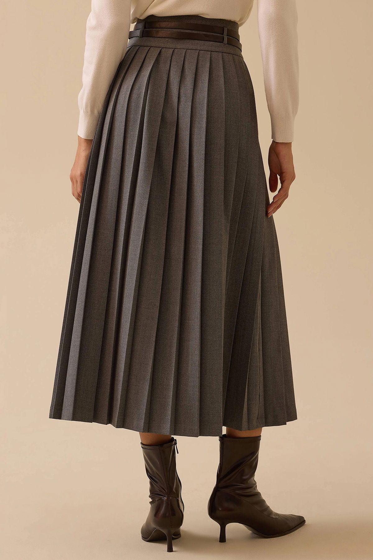 Seçil Kadın Kemer Detaylı Pileli Etek 0013 Gri - 5