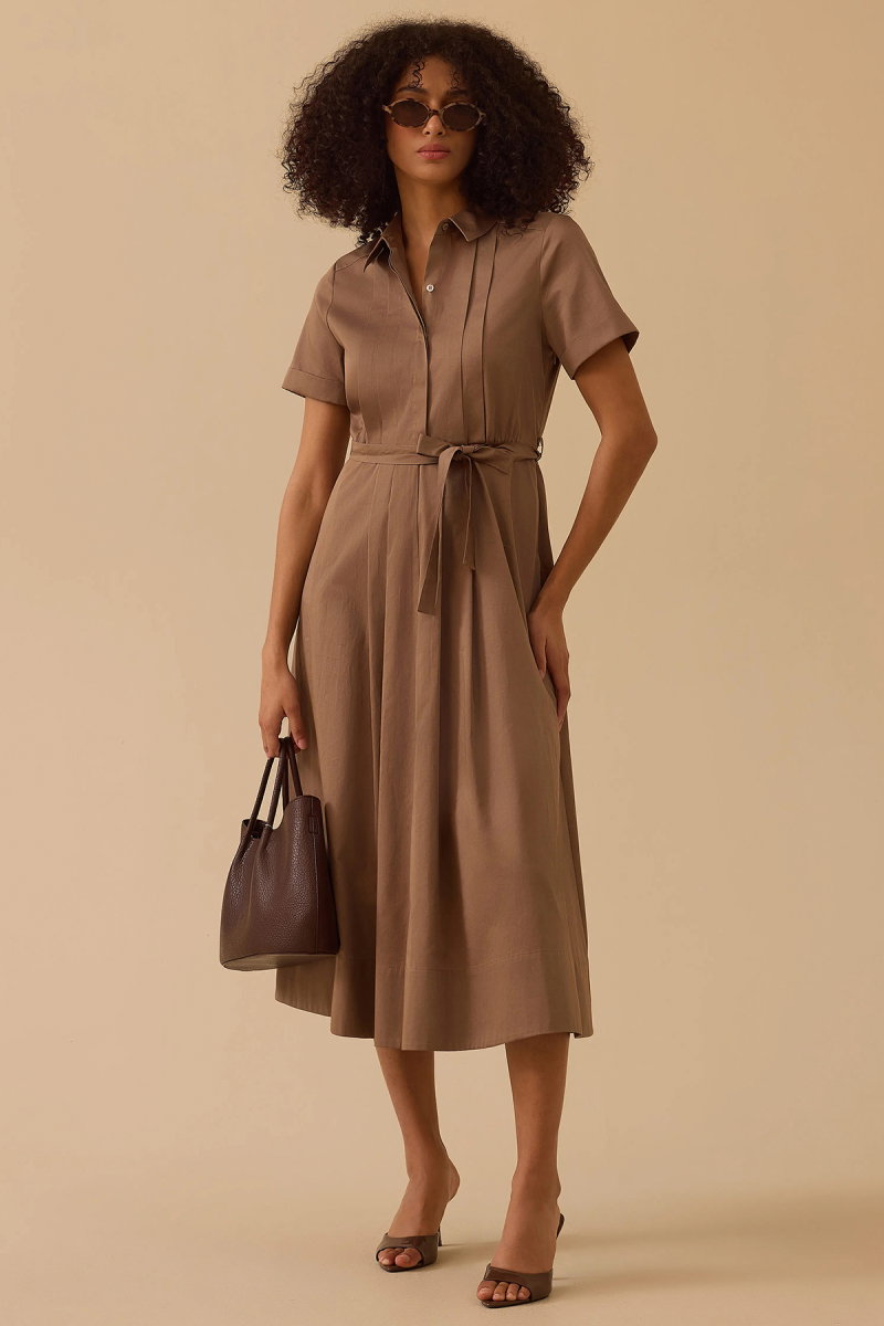 Seçil Kadın Kuşaklı Pile Detaylı Koton Elbise 0042 Vizon - Seçil