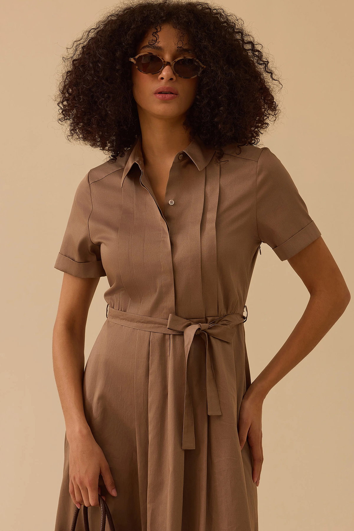 Seçil Kadın Kuşaklı Pile Detaylı Koton Elbise 0042 Vizon - 2