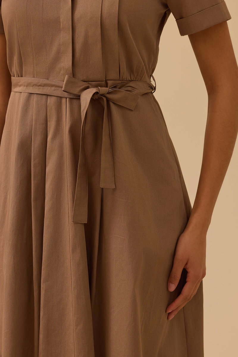 Seçil Kadın Kuşaklı Pile Detaylı Koton Elbise 0042 Vizon - 3