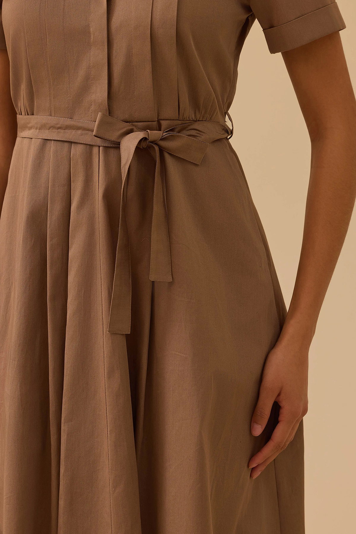 Seçil Kadın Kuşaklı Pile Detaylı Koton Elbise 0042 Vizon - 3