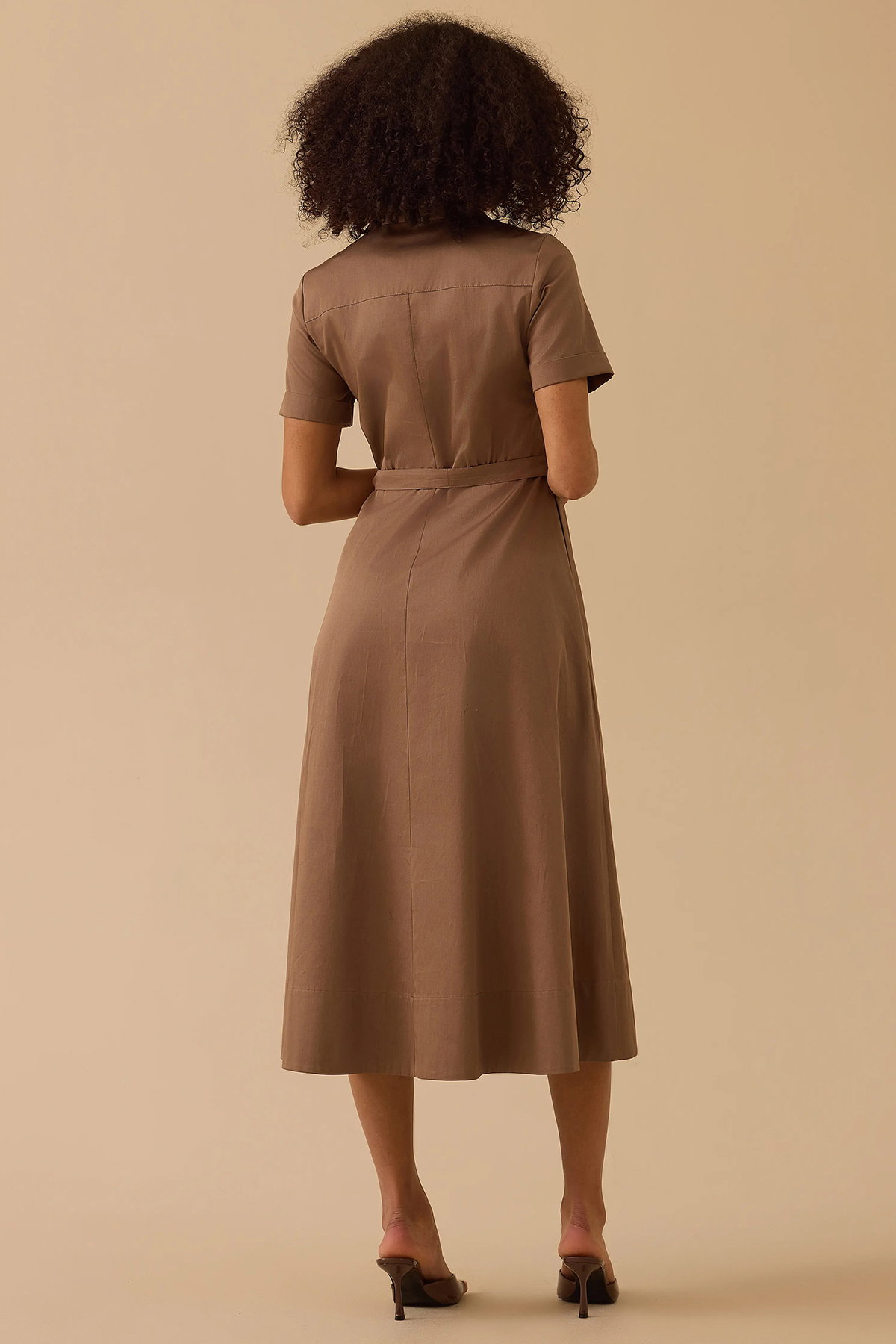 Seçil Kadın Kuşaklı Pile Detaylı Koton Elbise 0042 Vizon - 4