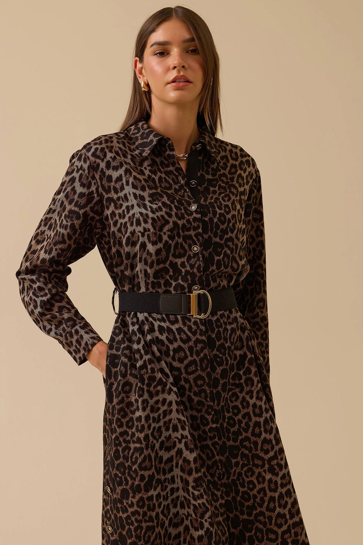 Seçil Kadın Leopar Desenli Kemerli Midi Elbise 0008 Kahverengi - 3