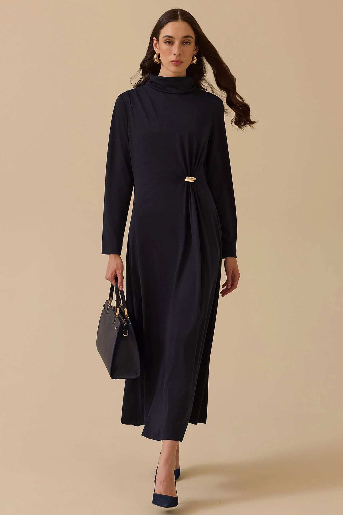 Seçil Kadın Metal Aksesuarlı Drapeli Elbise 1025 Lacivert - 1