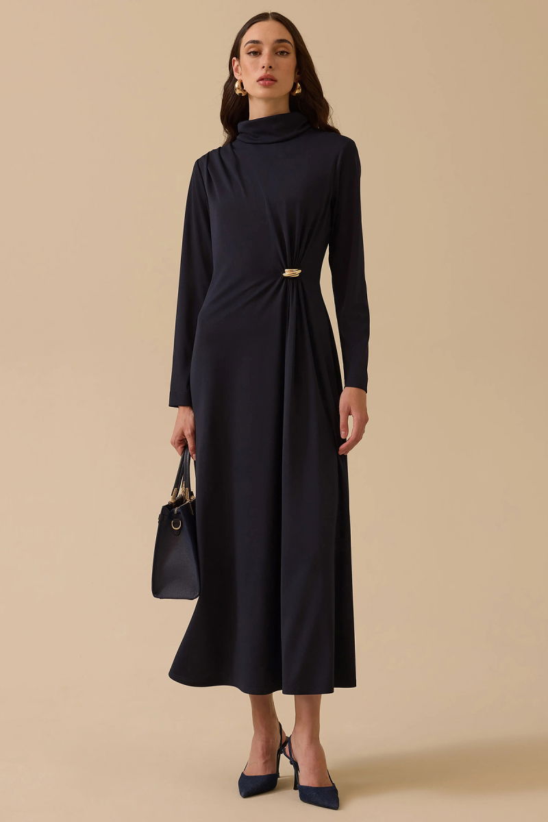 Seçil Kadın Metal Aksesuarlı Drapeli Elbise 1025 Lacivert - 2