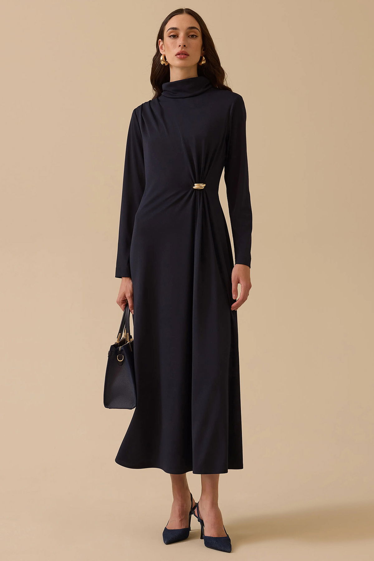 Seçil Kadın Metal Aksesuarlı Drapeli Elbise 1025 Lacivert - 2