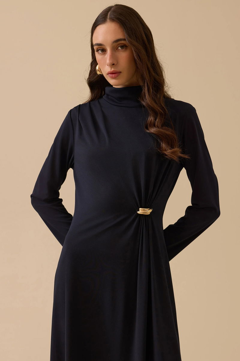Seçil Kadın Metal Aksesuarlı Drapeli Elbise 1025 Lacivert - 3