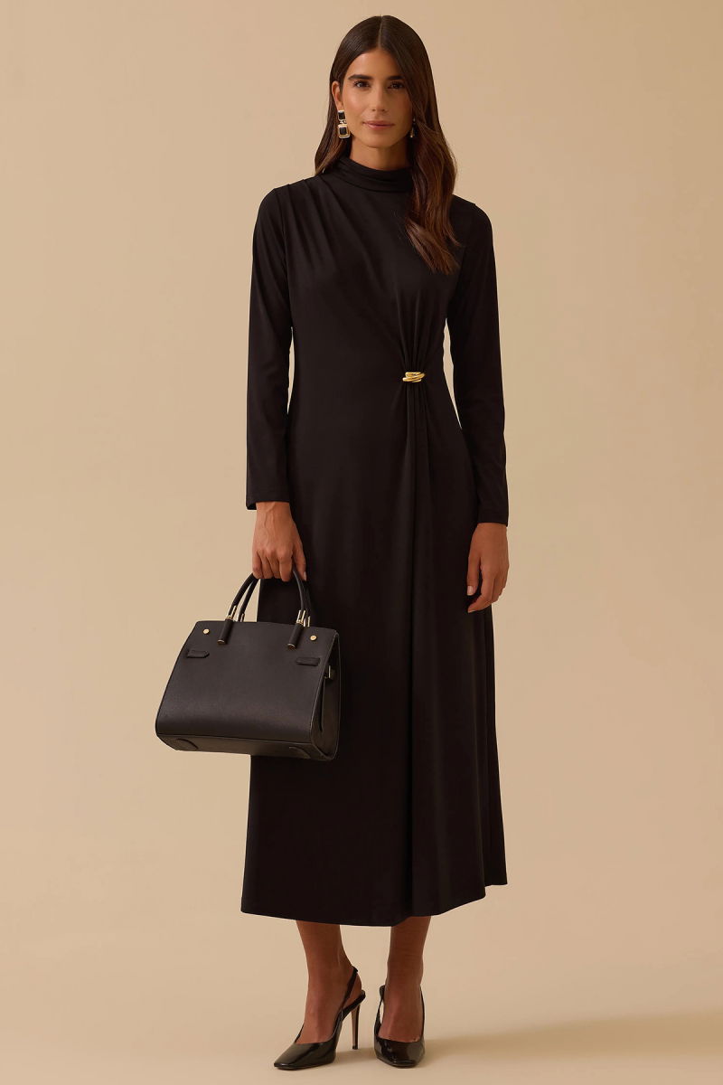 Seçil Kadın Metal Aksesuarlı Drapeli Elbise 1025 Siyah - Seçil